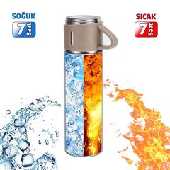 6007 Kupa Bardaklı Paslanmaz Çelik Termos Seti 500 ml - Kahverengi